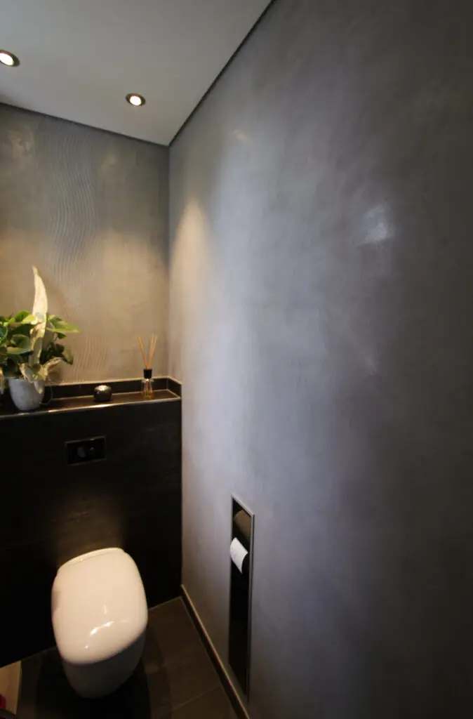 Gäste-WC mit STUCCORINO Lustro Antikbalsam in Grau, Wand-WC und Nische für Papierhalter