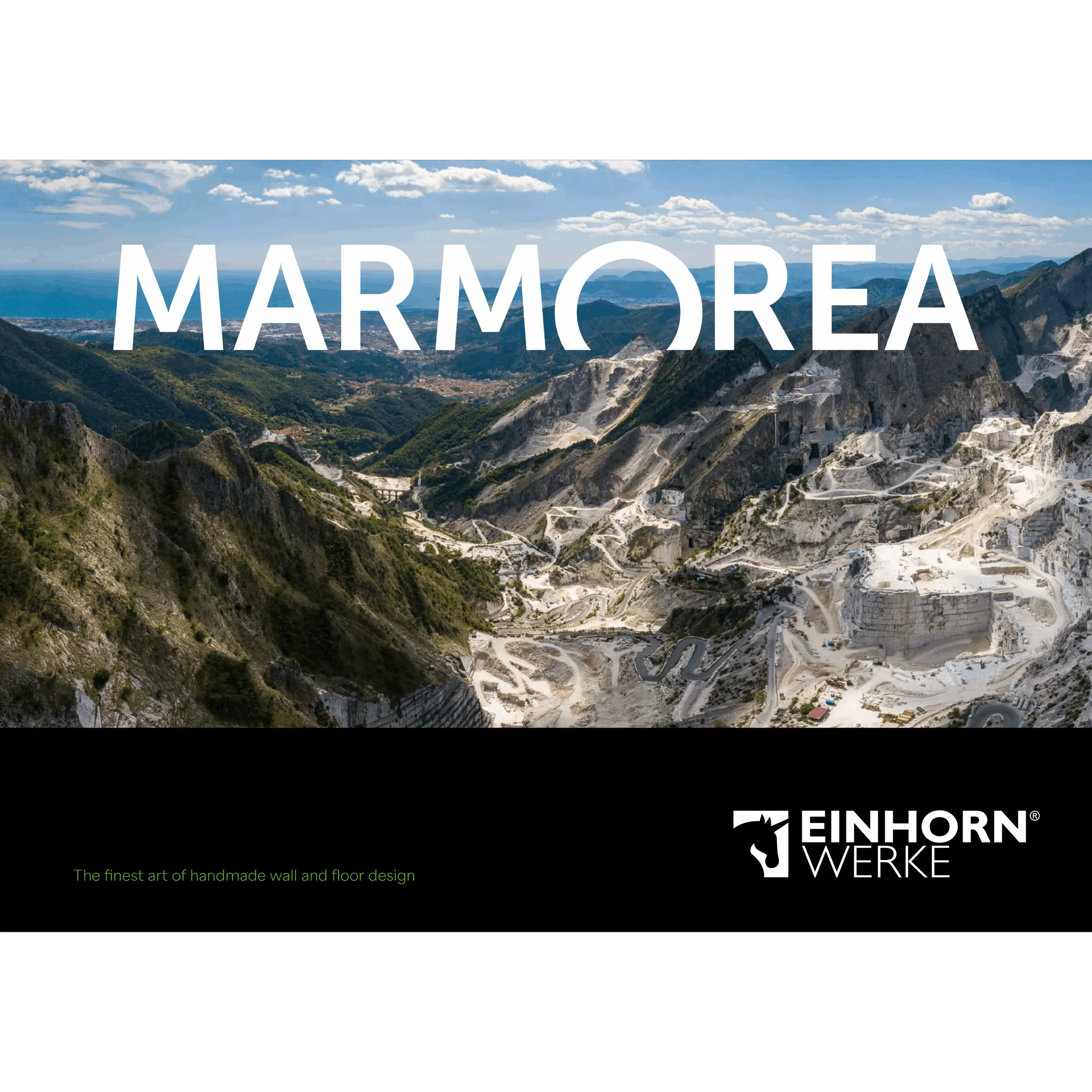 Ein atemberaubender Marmorsteinbruch ist unter dem Schriftzug "MARMOREA" und dem Logo von Einhornwerke dargestellt.