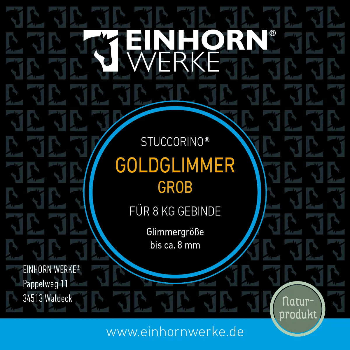 Die Verpackung von Einhornwerke zeigt STUCCORINO Goldglimmer Grob für Wandgestaltung, ideal für kreative Wohnräume.