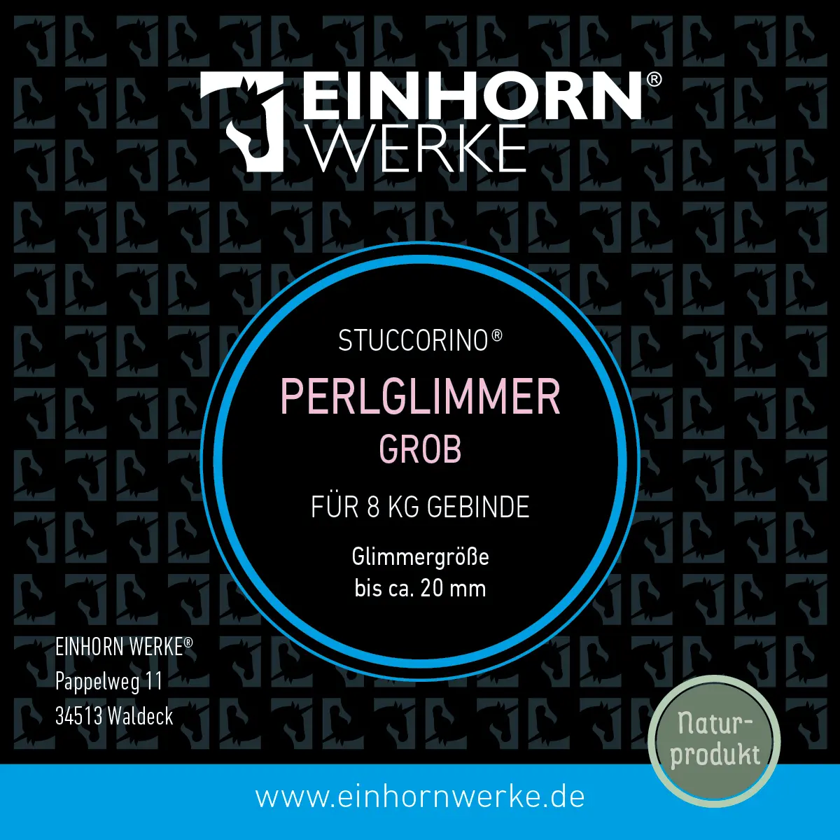 Das Bild zeigt ein stilvolles Etikett von Einhornwerke für STUCCORINO® Perlglimmer Grob, ideal für kreative Wandgestaltung.