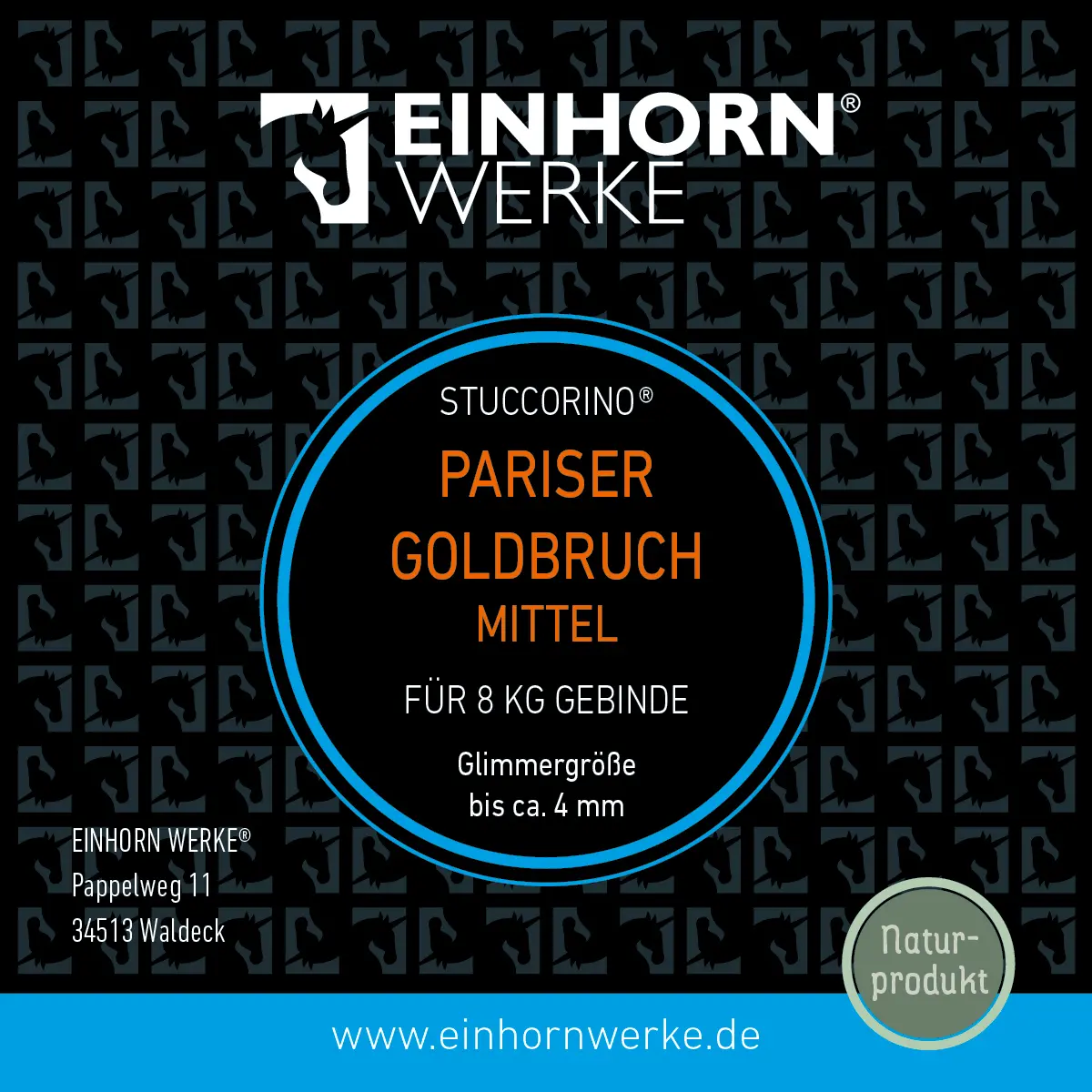 Ein stilvolles Etikett von Einhornwerke zeigt die STUCCORINO® Pariser Goldbruch Mittel, ideal für kreative Wandgestaltung.