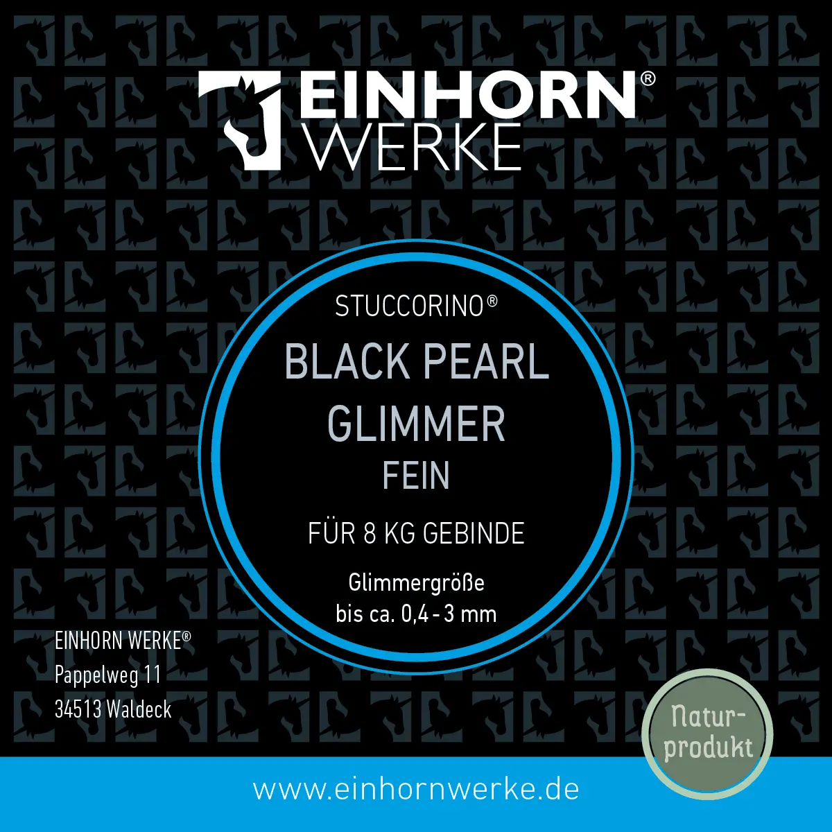 Das Bild zeigt das Etikett von Einhornwerke's STUCCORINO Black Pearl Glimmer für kreative Wandgestaltung.