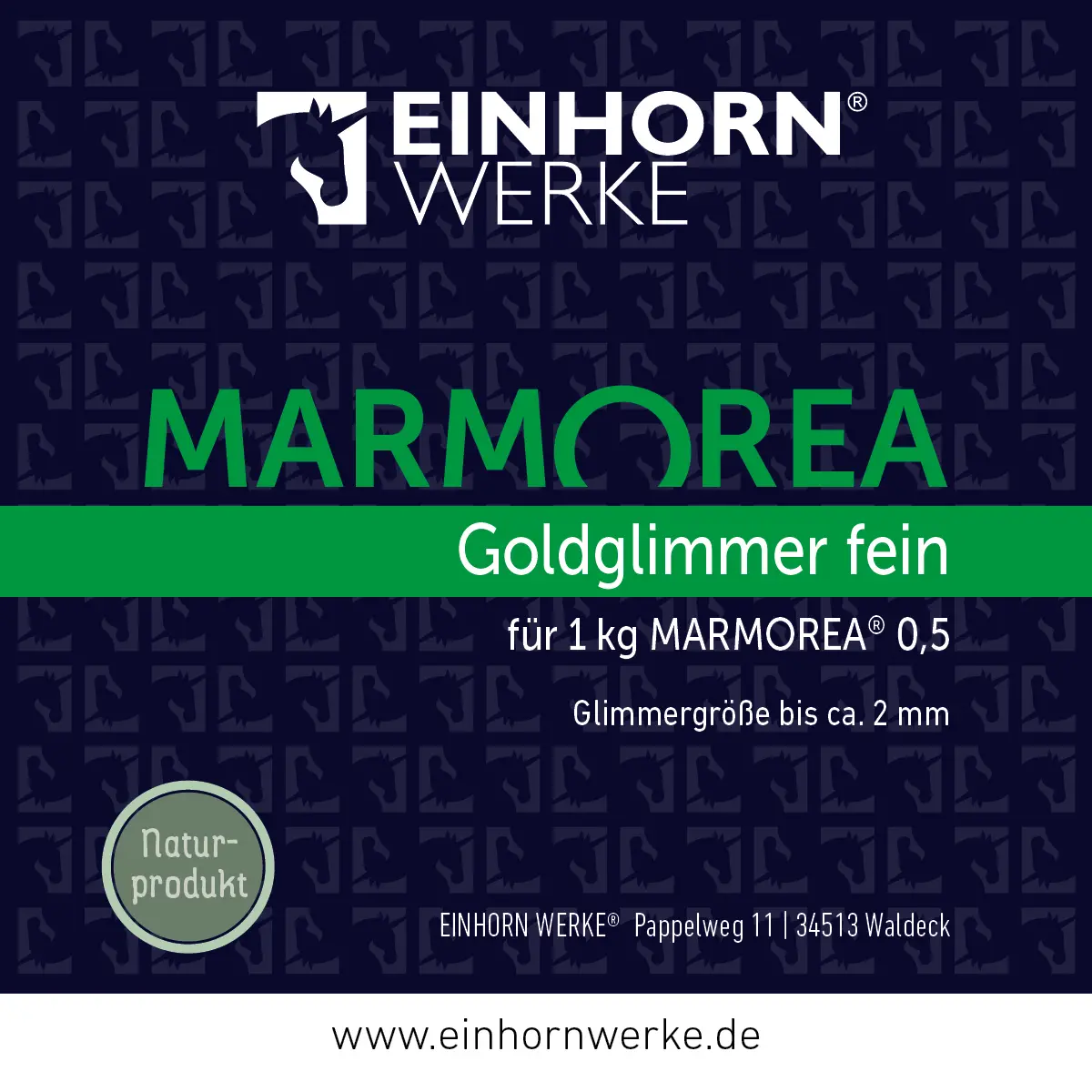 Die Produktverpackung von Einhornwerke zeigt Marmorea Goldglimmer fein, ideal für kreative Wandgestaltung.