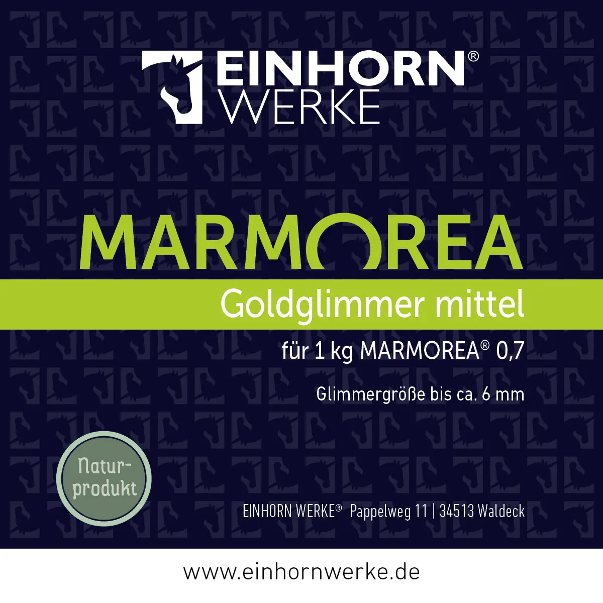 Eine Produktverpackung von Einhornwerke zeigt Marmorea Goldglimmer für kreative Wandgestaltung.