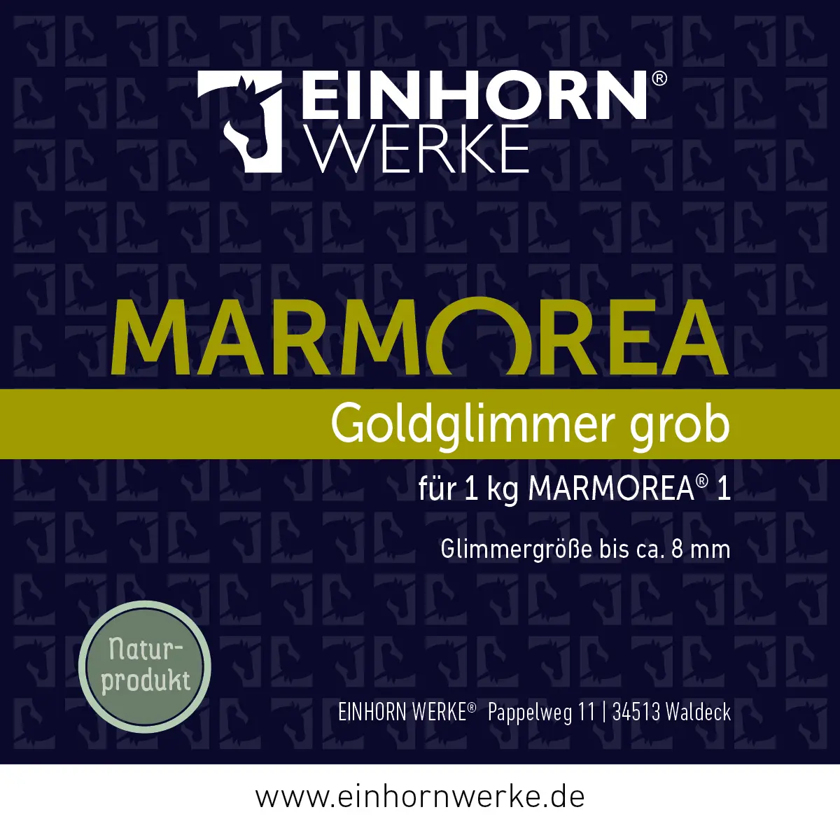 Die Verpackung von Einhornwerke zeigt Marmorea Goldglimmer grob, ideal für kreative Wandgestaltung im Wohnzimmer.