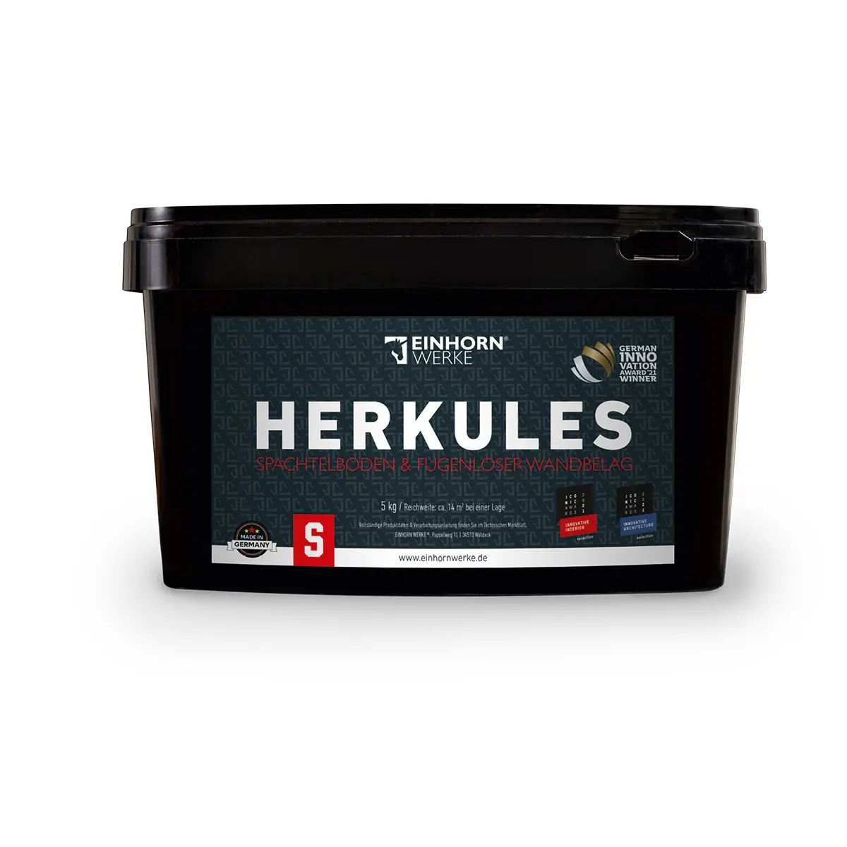 Ein schwarzer Eimer mit der Aufschrift "Herkules" von Einhornwerke zeigt hochwertigen Streichputz für kreative Wandgestaltung.