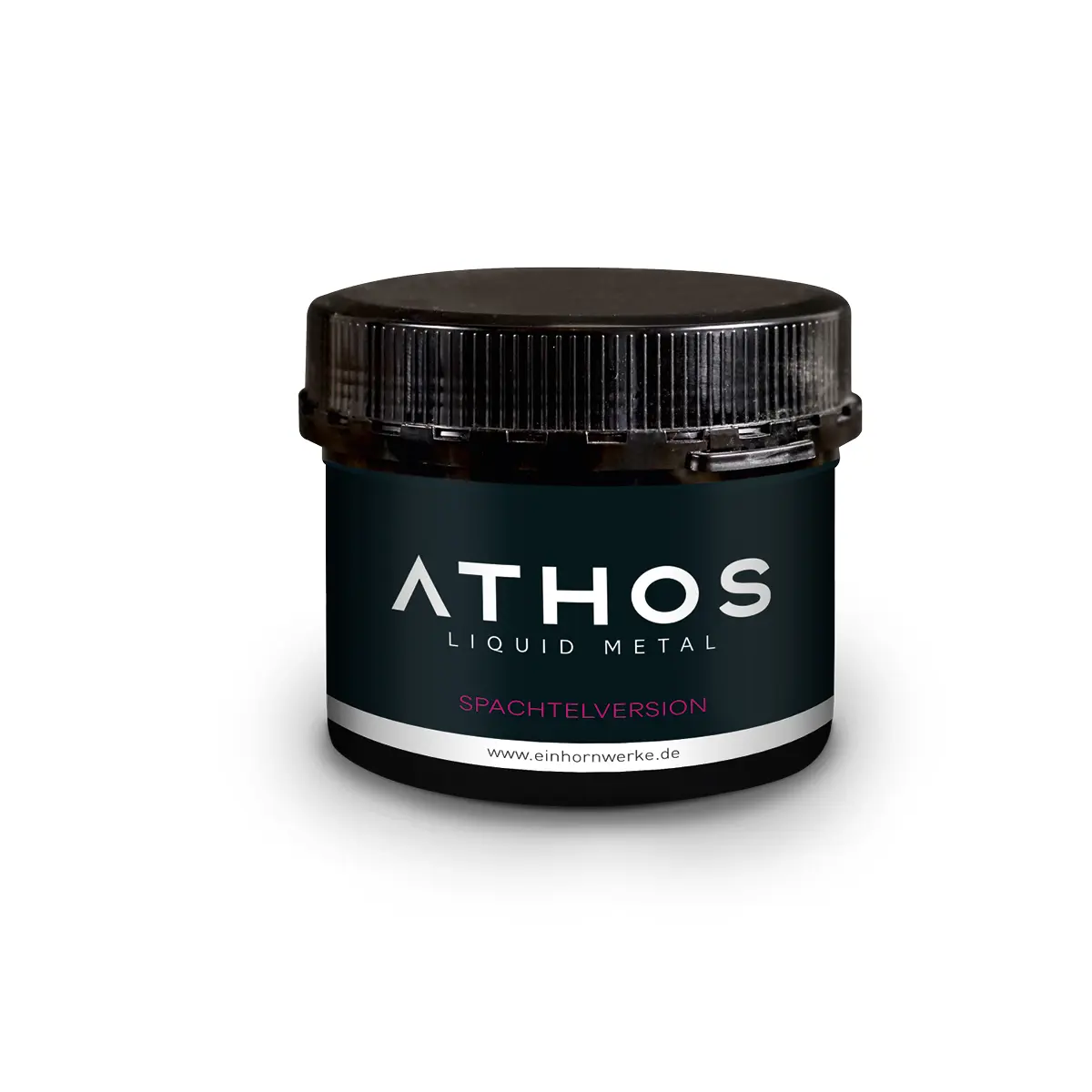 Eine schwarze Dose ATHOS Liquid Metal von Einhornwerke für kreative Wandgestaltung steht vor weißem Hintergrund.