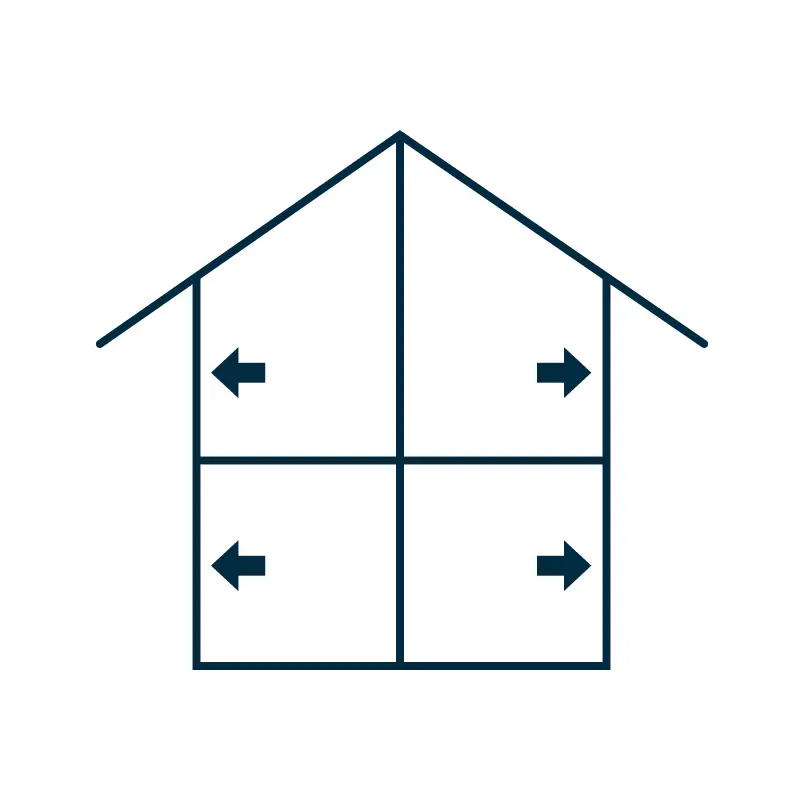 Ein stilisiertes Haus-Icon zeigt Pfeile in alle Richtungen, ideal für kreative Wandgestaltung von Einhornwerke.