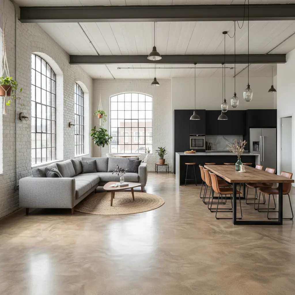 Industrieloft mit marmoriertem fugenlosem Boden in Beigebraun, grauem Ecksofa und Esstisch