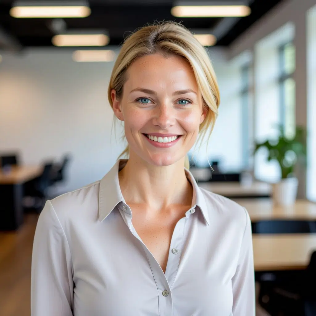 Eine lächelnde Frau im Büro, die als kreative HERKULES-Planerin für moderne Wandgestaltung arbeitet.
