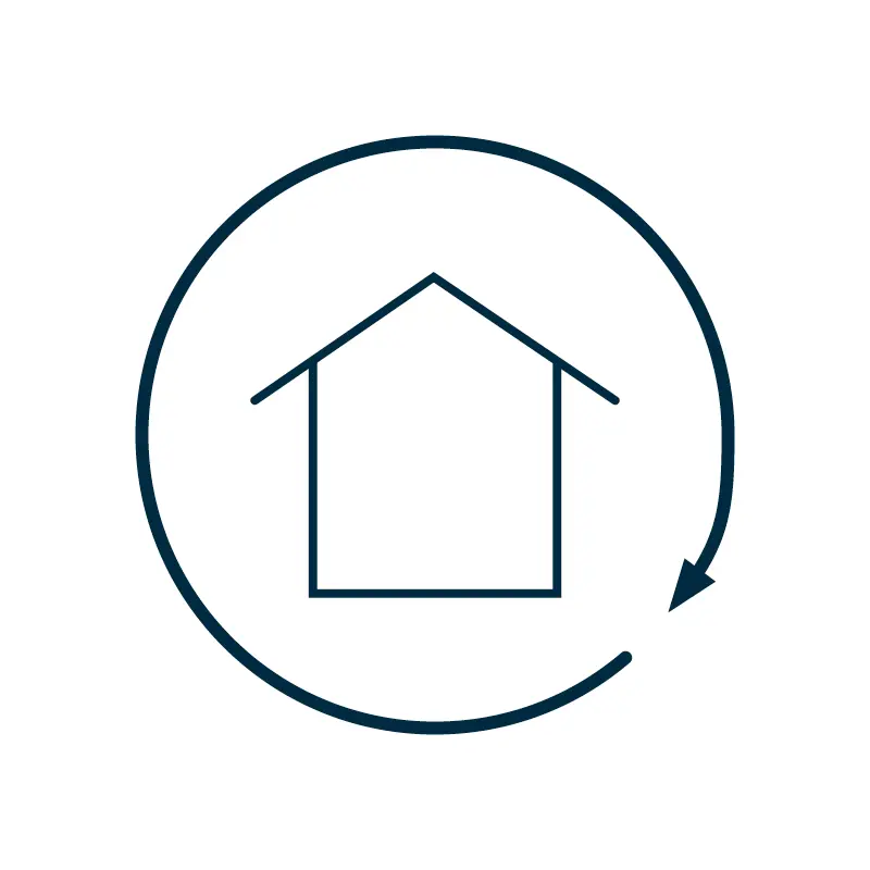 Ein einfaches Haus-Icon mit einem Pfeil drumherum repräsentiert die "Loesung-fuer-Sanierungen-Icon" von Einhornwerke.