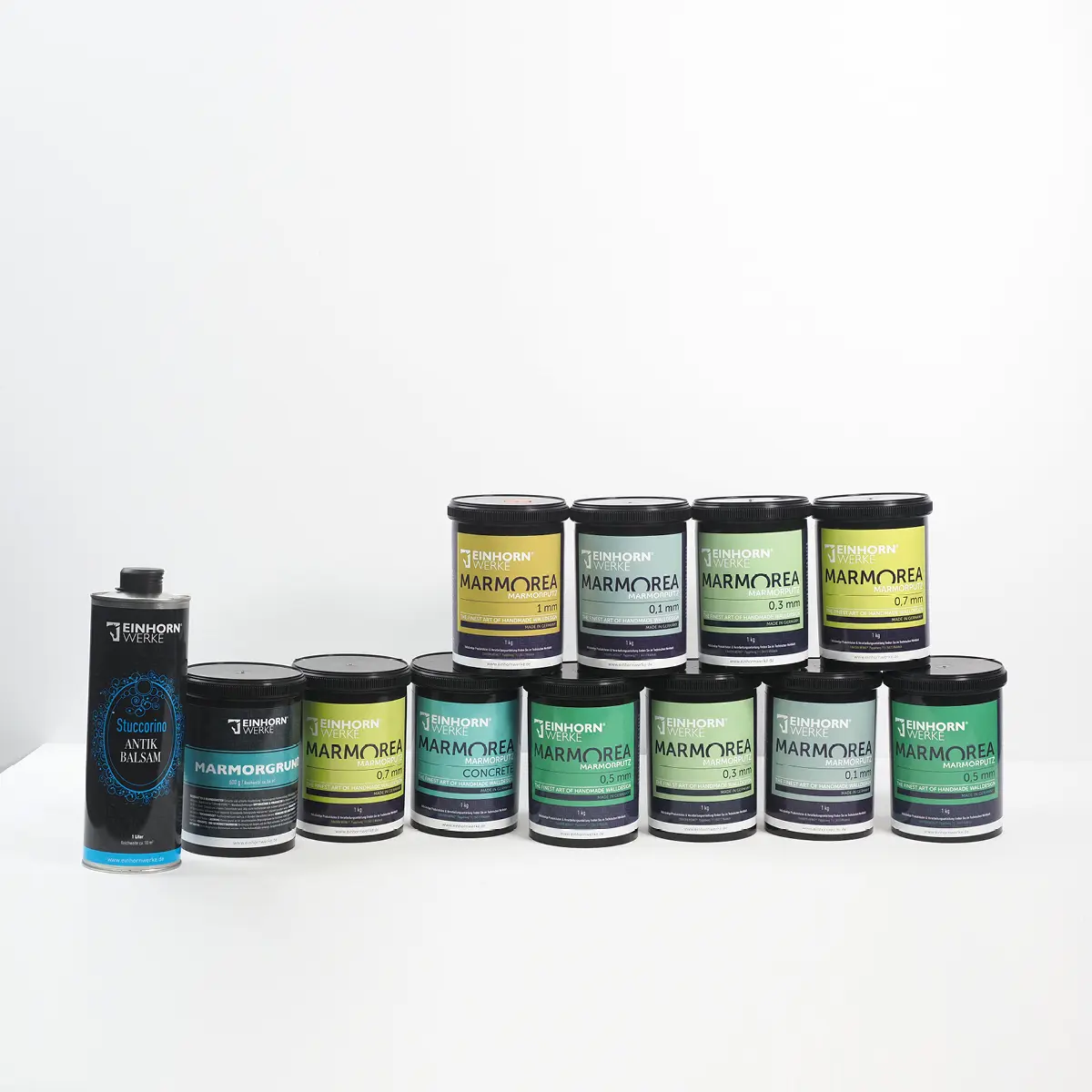 Das Bild zeigt das MARMOREA-Einsteigerset von Einhornwerke, ideal für kreative Wandgestaltung mit Streichputz.