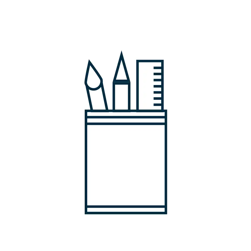 Ein minimalistisches Icon zeigt Stifte und Lineal in einem Behälter, symbolisierend unzählige Gestaltungs­möglichkeiten.