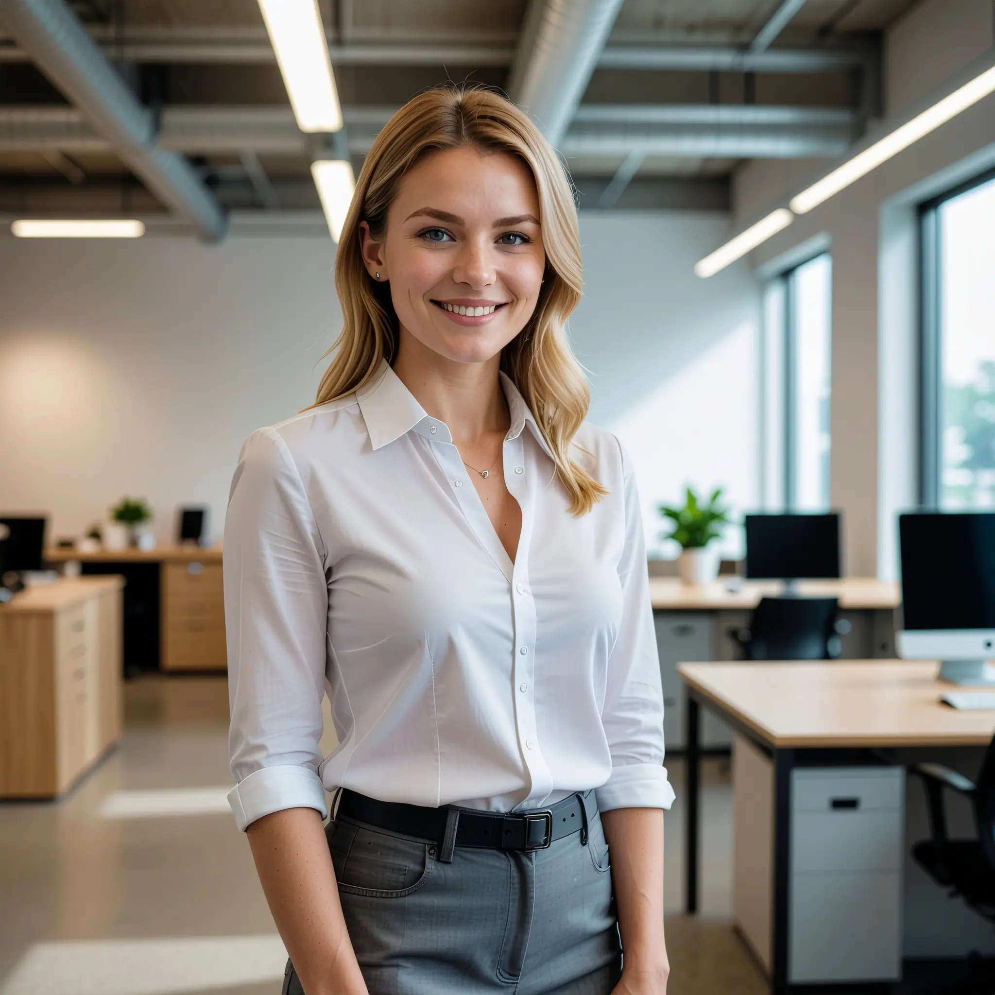 Eine lächelnde Frau steht in einem modernen Büro mit eleganter Wandgestaltung und Einhornwerke-Design.