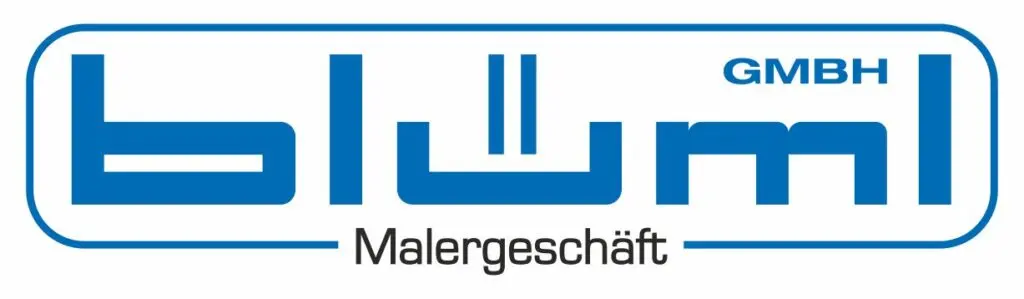 Das Bild zeigt das blaue Logo von Blüml GmbH auf weißem Hintergrund, ideal für kreative Wandgestaltung.