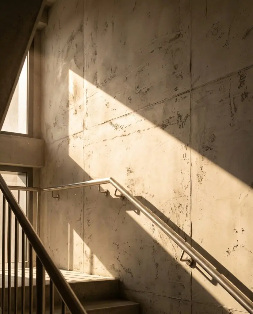 Ein Betonoptik Treppenhaus mit stilvoller Wandgestaltung von Einhornwerke wird von Sonnenlicht beleuchtet.