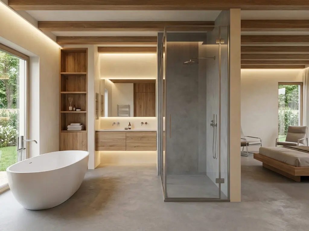 Ein modernes Badezimmer mit fugenloser Dusche und stilvoller Wandgestaltung von Einhornwerke sorgt für eine elegante Atmosphäre. Boden und Dusche HERKULES Farbton 1906, Wände MARMOREA Farbton 015.