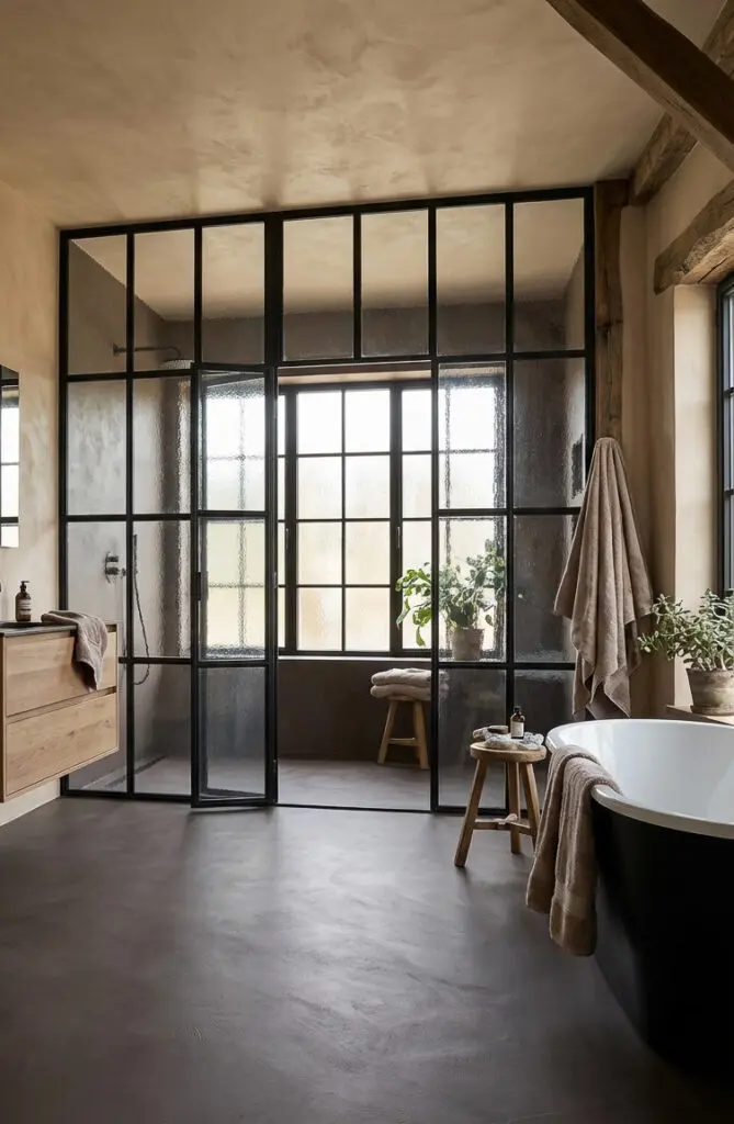 Ein stilvolles Badezimmer mit Bodenbelägen in Betonoptik, einer modernen Dusche und eleganter Wandgestaltung.