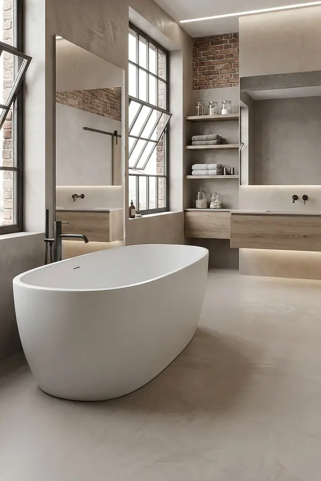 Ein stilvolles Badezimmer mit freistehender Badewanne und Bodenbeschichtung-in-Betonoptik schafft eine elegante Atmosphäre.