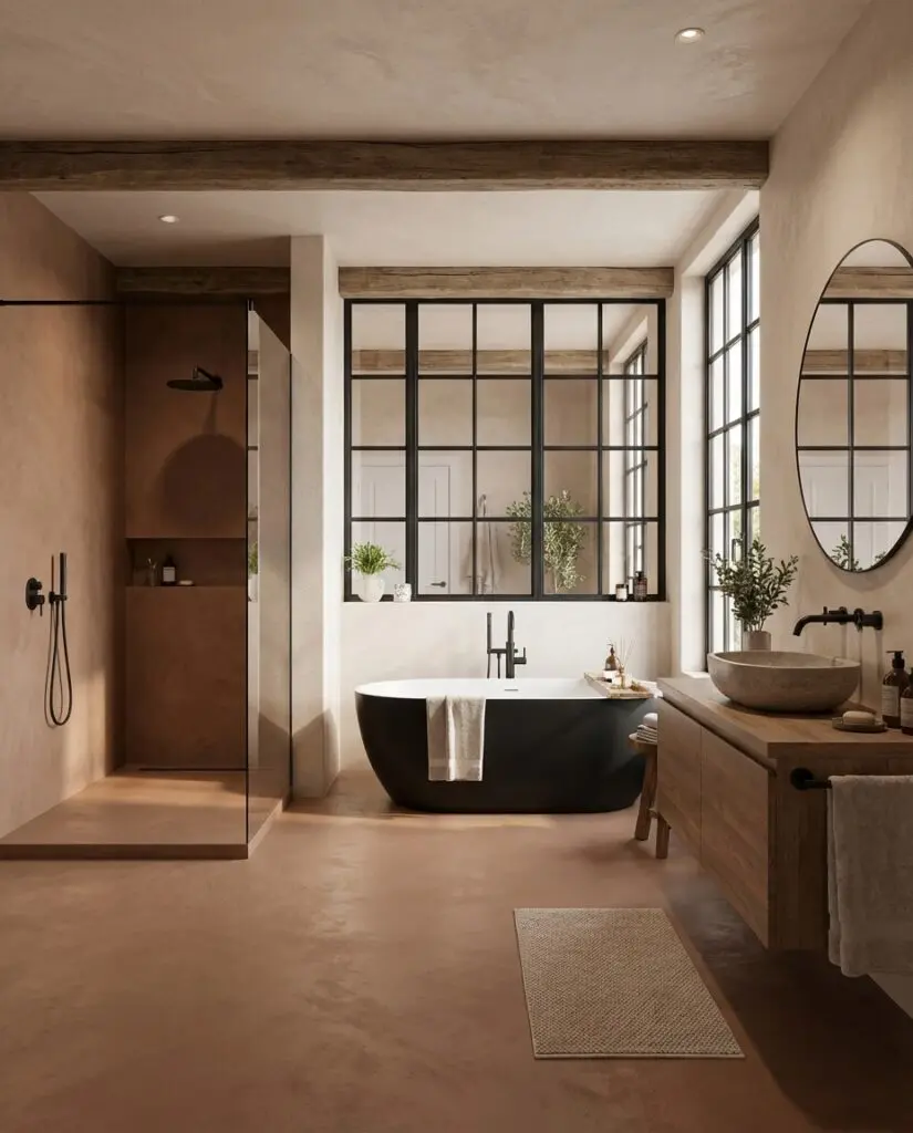 Ein Badezimmer mit freistehender Badewanne und fugenlosem Badezimmer mit Sichtbetonboden. Boden und Dusche ausgeführt mit HERKULES im Farbton 3209. Wände mit MARMOREA.