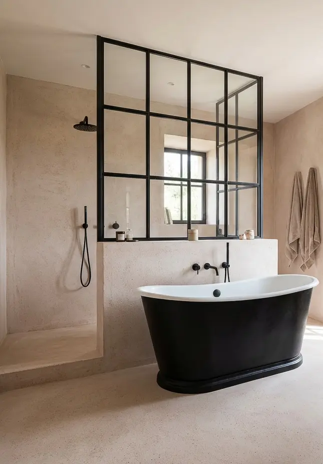 Ein modernes Loft-Bad mit fugenloser Dusche, gestaltet mit HERKULES im Farbton 1015, inszeniert stilvolle Eleganz.