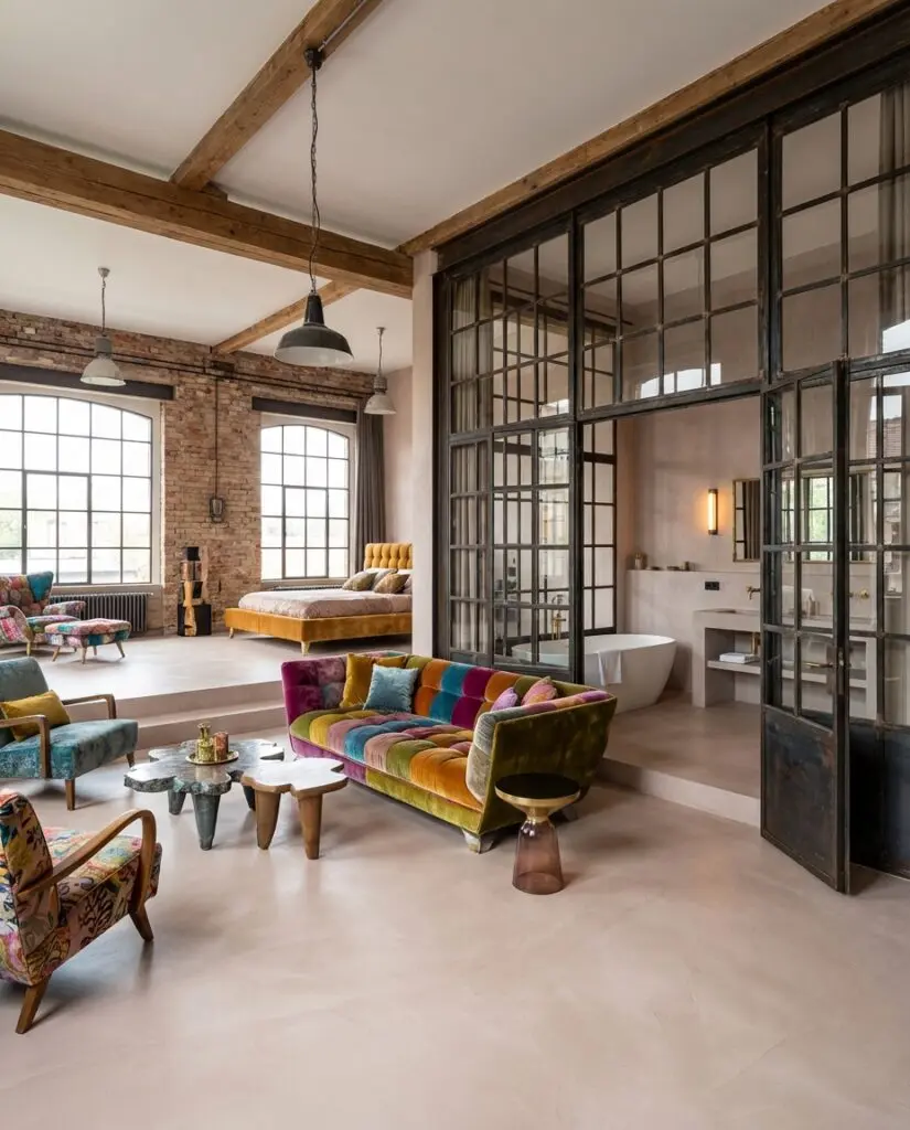Ein modernes Loft mit Spachtelboden HERKULES-1 zeigt stilvolle Wandgestaltung und farbenfrohe Möbel im Wohnbereich.