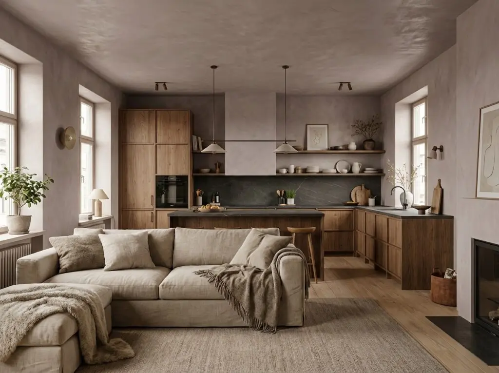 Ein modernes Wohnzimmer mit Kalkputzwänden und Designboden schafft eine stilvolle, einladende Atmosphäre.