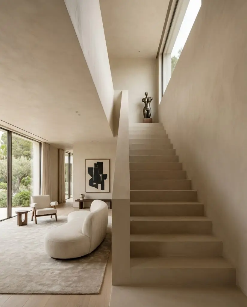 Eine fugenlos gespachtelte Treppe führt elegant durch ein stilvoll eingerichtetes Wohnzimmer mit moderner Wandgestaltung.