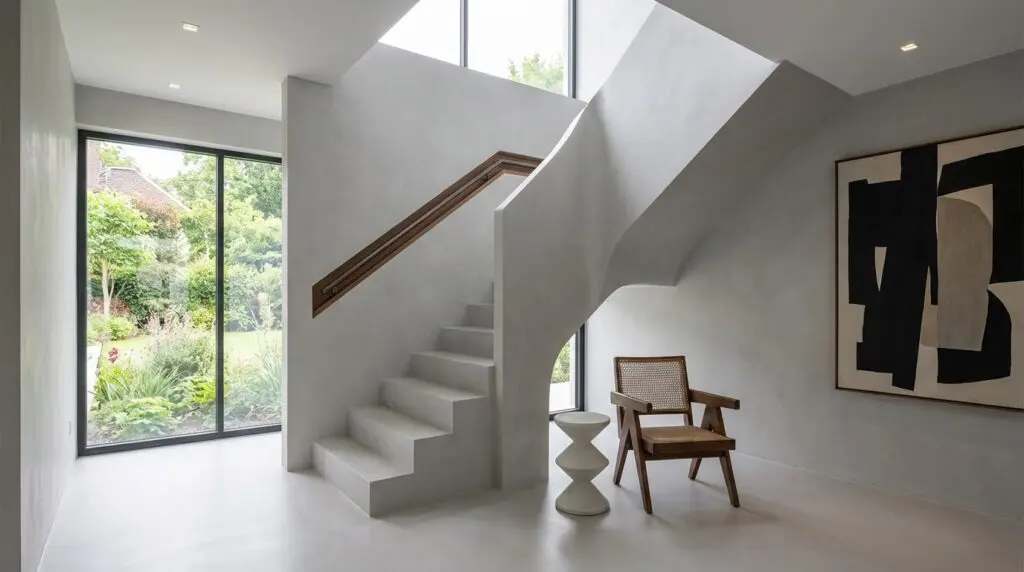 Eine fugenlos gespachtelte Treppe von Einhornwerke führt durch einen lichtdurchfluteten Raum mit moderner Wandgestaltung.