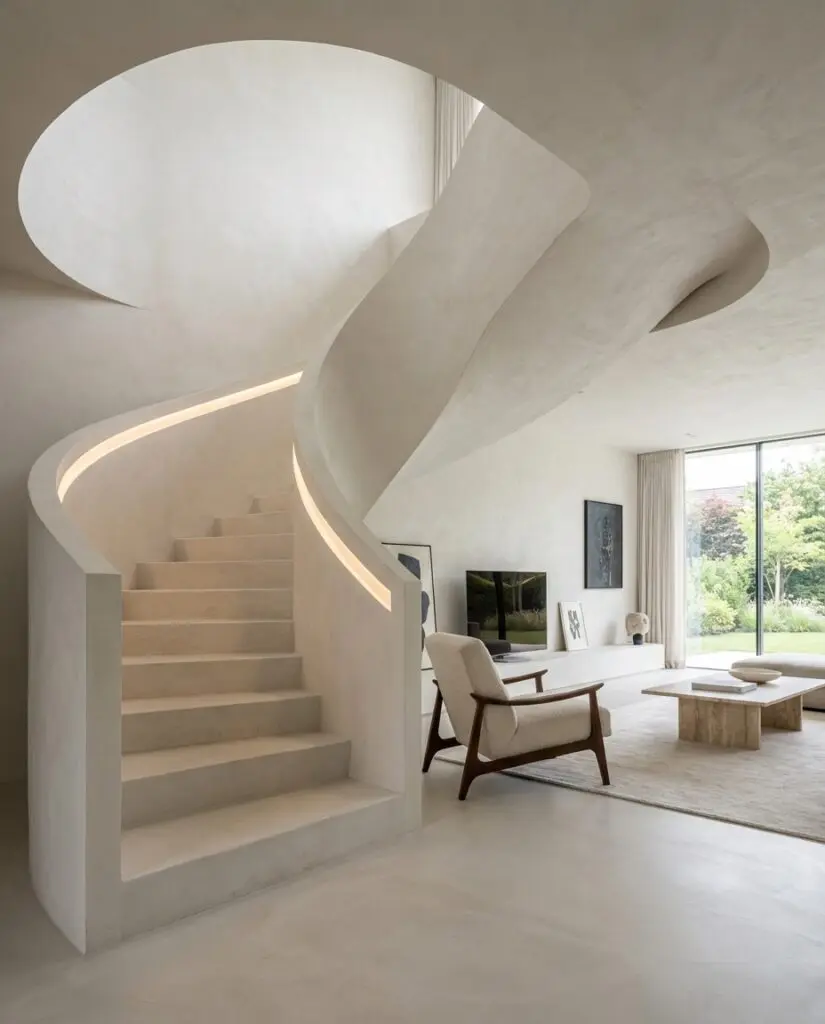 Eine fugenlos gespachtelte Treppe windet sich elegant in einem modernen Wohnzimmer mit stilvoller Wandgestaltung von Einhornwerke.