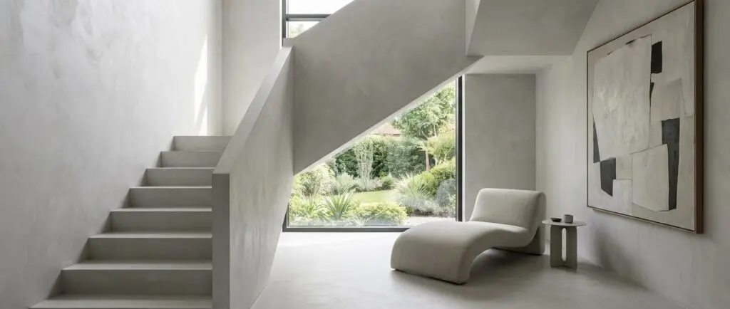 Eine fugenlos gespachtelte Treppe von Einhornwerke neben stilvoller Wandgestaltung führt zu einem modernen Wohnzimmer.