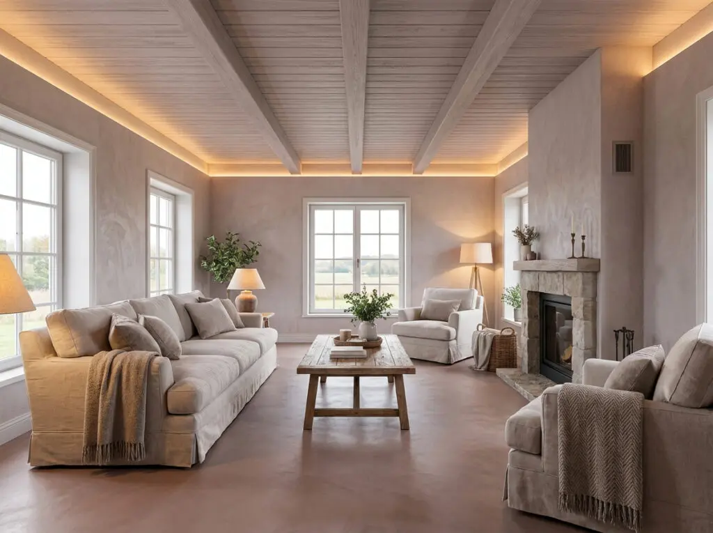 Modernes Wohnzimmer mit fugenlosem Designboden und stilvoller Wandgestaltung in Betonoptik für elegantes Ambiente.