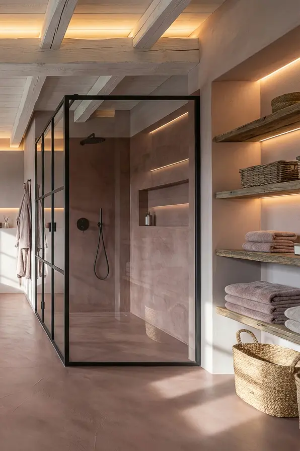 Ein modernes Badezimmer mit fugenloser Dusche im HERKULES Farbton 3205. Wände außer Dusche in MARMOREA 720.