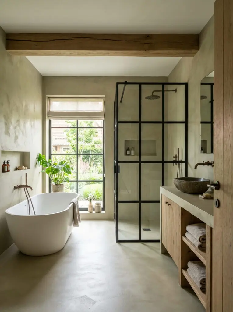 Ein elegantes, fugenloses Badezimmer mit Spachtelboden und modernem Wanddesign von Einhornwerke schafft eine stilvolle Atmosphäre.