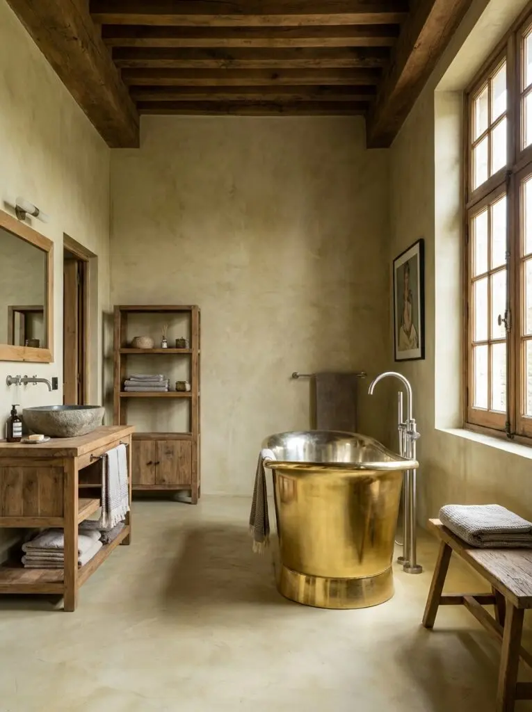 Ein modernes, fugenloses Badezimmer mit goldener Badewanne und natürlicher Wandgestaltung von Einhorn Werke.