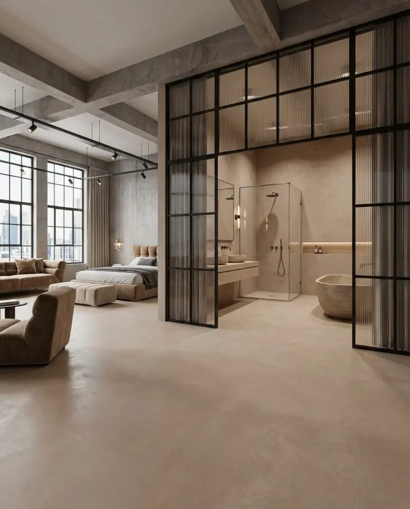 Ein Loft mit Sichtbetonboden und fugenlosem badezimmer. Ausgeführt mit HERKULES im Farbton 0090. Wände mit MARMOREA.