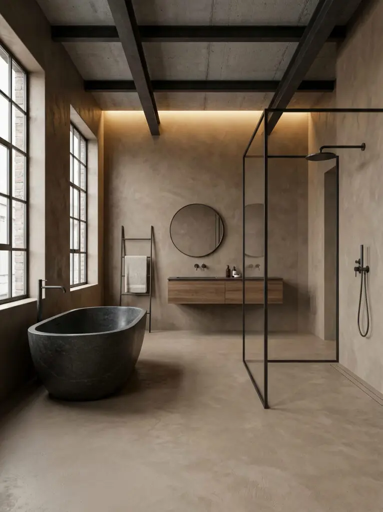 Spachtelboden in einem fugenlosen Badezimmer mit HERKULES 0090 an Wand und Boden.