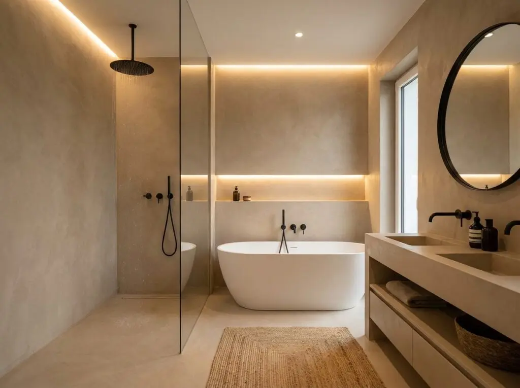 Ein modernes Badezimmer zeigt eine stilvolle Wandgestaltung mit fugenloser Dusche und eleganter Beleuchtung. Farbton: HERKULES 0120.