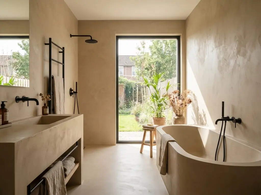 Ein modernes Badezimmer mit eleganter Wandgestaltung, fugenloser Dusche und großer Fensterfront zeigt die Kreativität von Einhorn Werke. Farbton 0130.