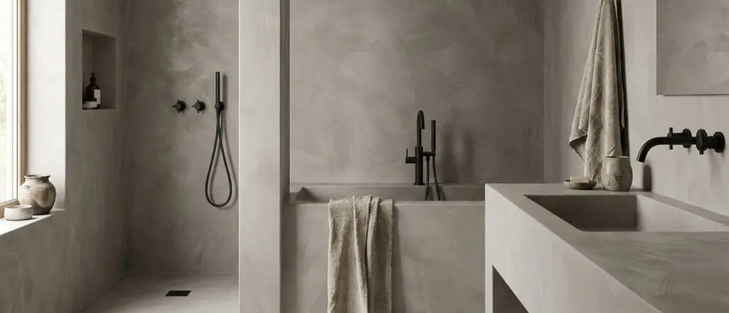Ein modernes Badezimmer mit Betonoptik und Streichputz an den Wänden schafft eine elegante Atmosphäre.
