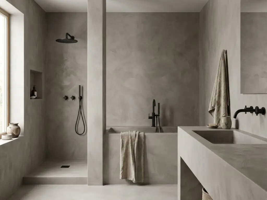 Ein modernes Badezimmer mit eleganter Wandgestaltung, fugenloser Dusche und stilvollen Armaturen von Einhornwerke. Farbton 0200.