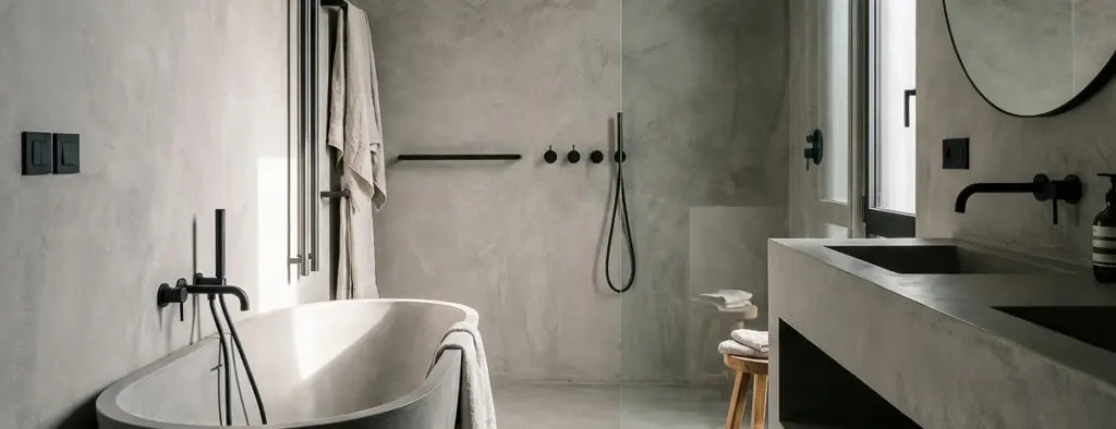 Ein modernes Badezimmer mit Betonoptik zeigt stilvolle Wandgestaltung und elegante Streichputz-Oberflächen.