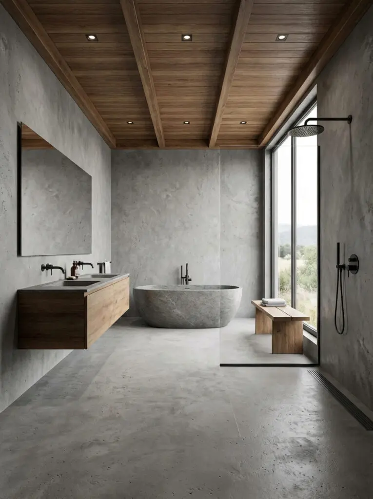 Ein fugenloses Badezimmer mit Sichtbetonboden. Ausgeführt mit HERKULES im Farbton 0210. Wände außerhalb der Dusche mit MARMOREA Kalkputz.
