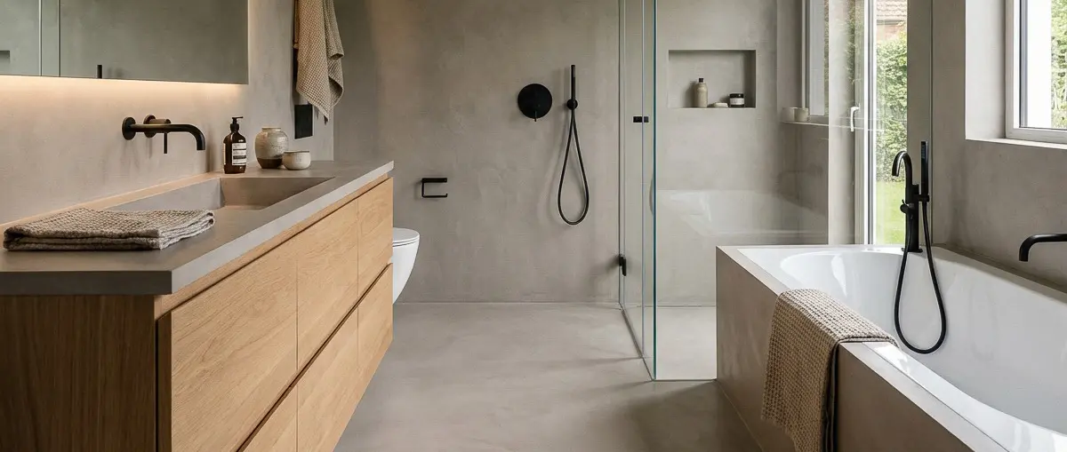 Ein modernes Badezimmer mit heller Wandgestaltung und edlem Streichputz von Einhornwerke sorgt für eine elegante Atmosphäre.
