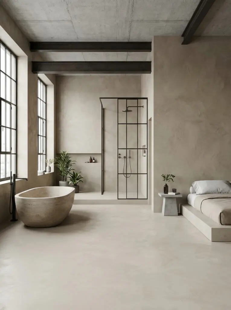 Sichtbetonboden mit HERKULES im Farbton 3210. Wände außerhalb der Dusche mit Marmorea. Freistehende Badewanne und Bett.