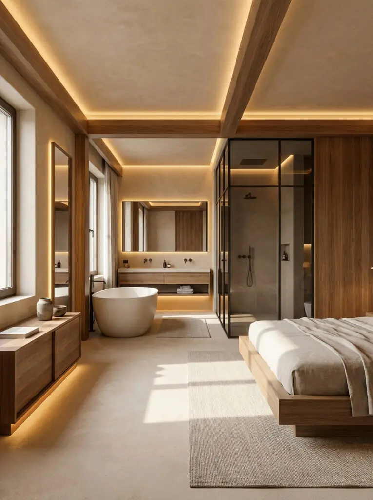 Hotelzimmer mit fugenlosem badezimmer, einem Sichtbetonboden mit HERKULES im Farbton 3210