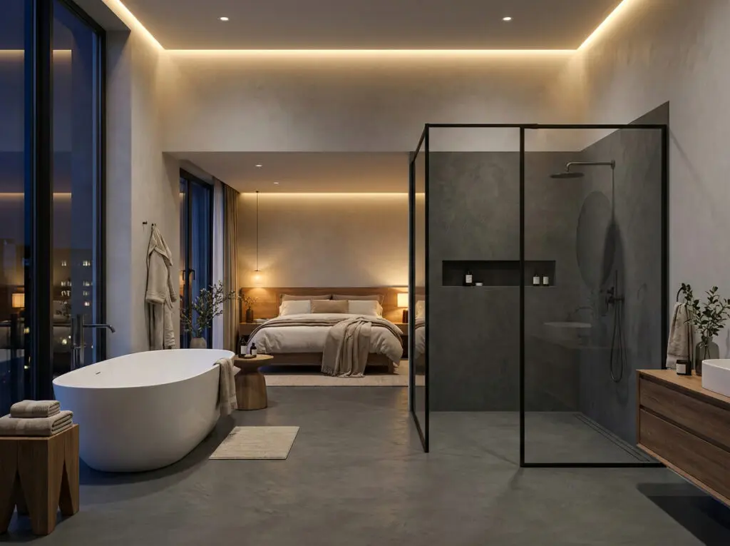 Ein modernes Badezimmer mit Microzementboden und eleganter Dusche zeigt stilvolle Wandgestaltung von Einhornwerke.