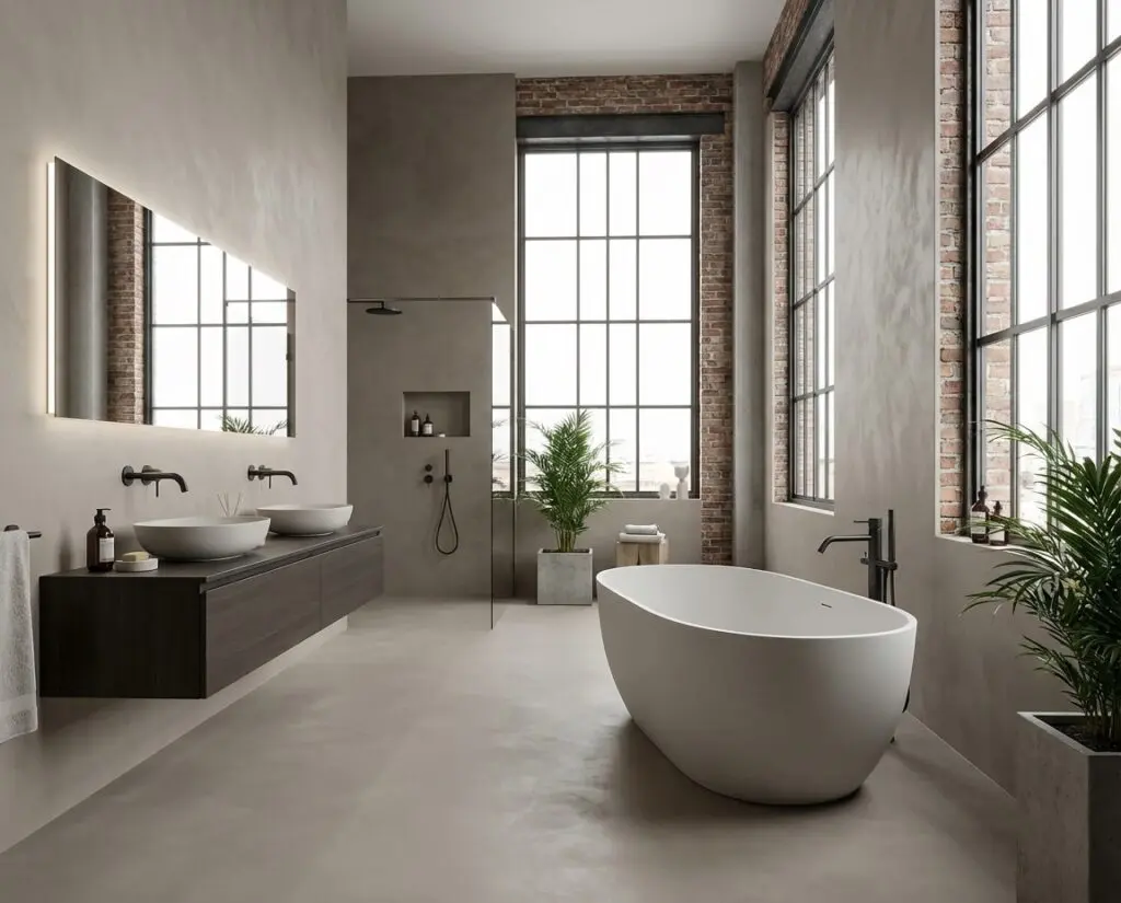 Ein modernes fugenloses Loft-Badezimmer mit Microzement und eleganter Wandgestaltung von Einhornwerke.