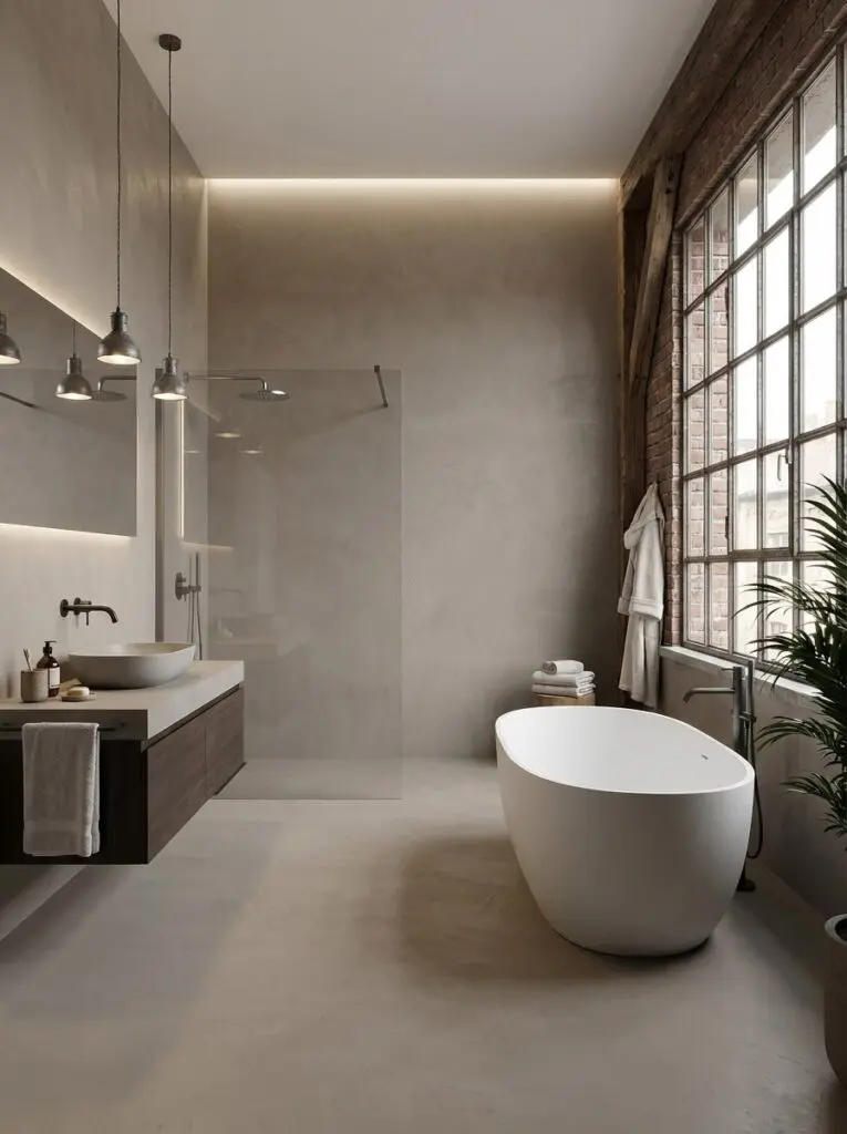 Ein modernes, fugenloses Loft-Badezimmer mit Microzement und eleganter Wandgestaltung von Einhornwerke.