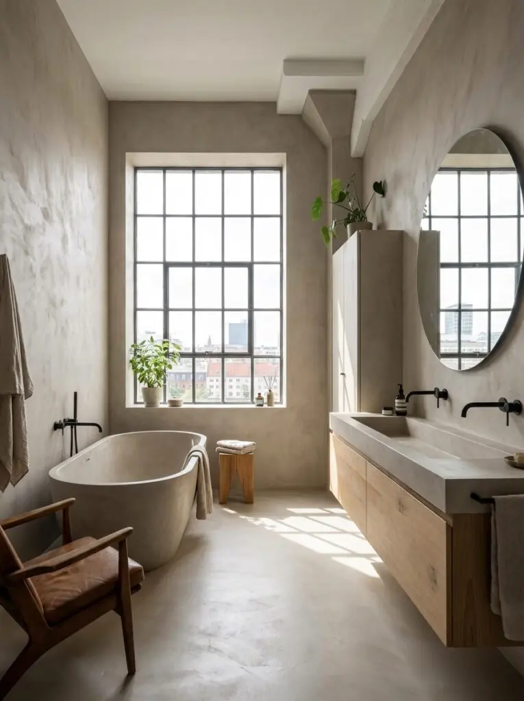 Ein modernes Badezimmer im Loft-Stil zeigt fugenlose Microzement-Wandgestaltung mit HERKULES und stilvollen Armaturen.